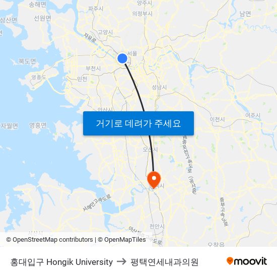 홍대입구 Hongik University to 평택연세내과의원 map