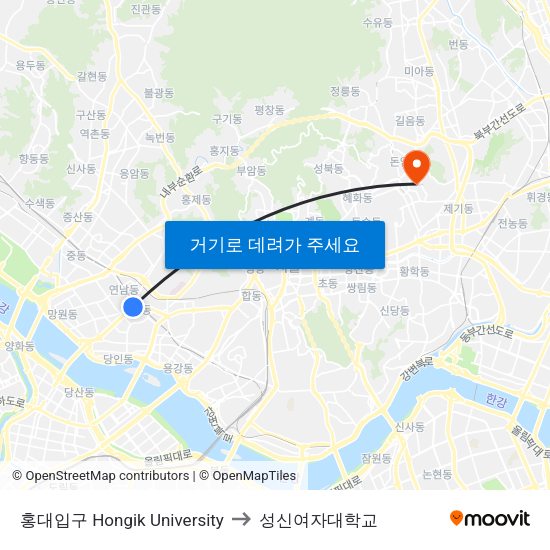 홍대입구 Hongik University to 성신여자대학교 map