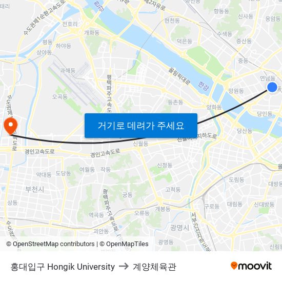 홍대입구 Hongik University to 계양체육관 map