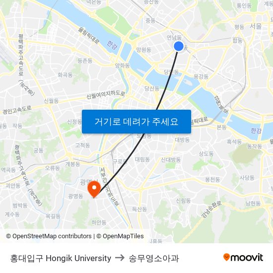 홍대입구 Hongik University to 송무영소아과 map