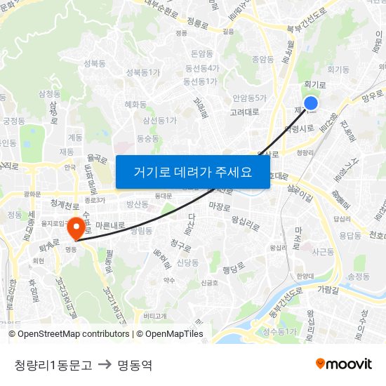 청량리1동문고 to 명동역 map