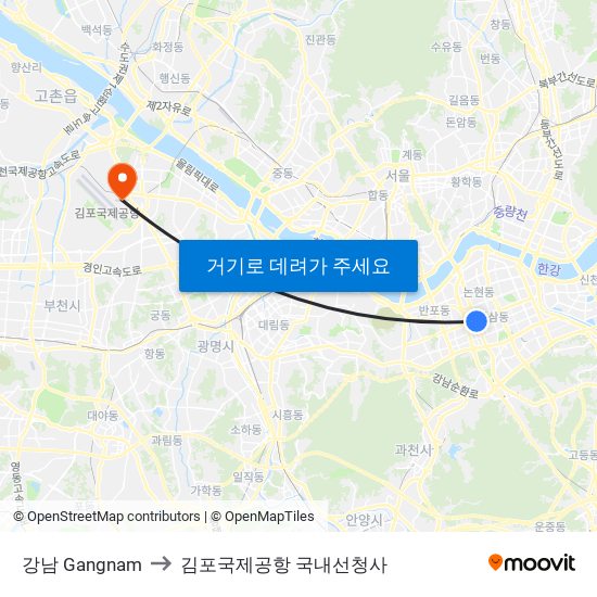 강남 Gangnam to 김포국제공항 국내선청사 map