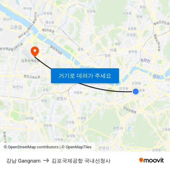 강남 Gangnam to 김포국제공항 국내선청사 map