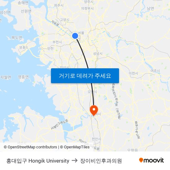 홍대입구 Hongik University to 장이비인후과의원 map