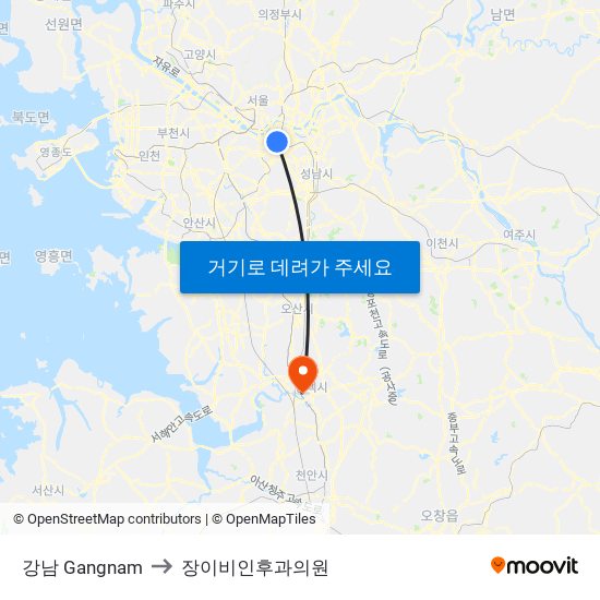 강남 Gangnam to 장이비인후과의원 map