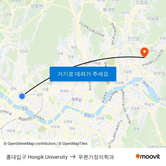 홍대입구 Hongik University to 푸른가정의학과 map