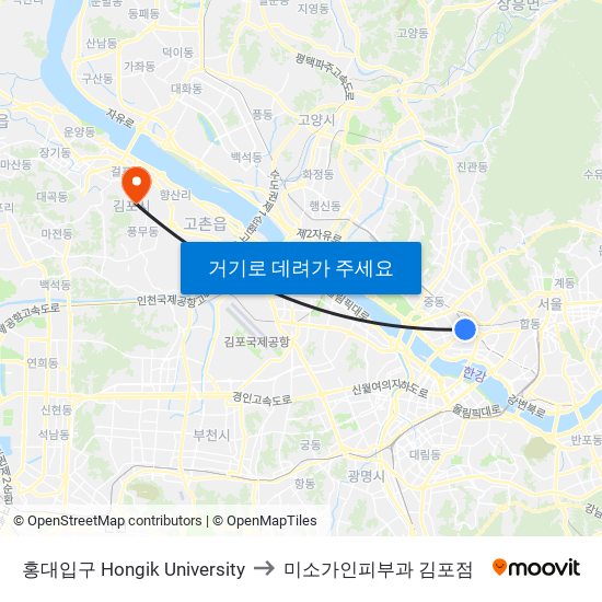 홍대입구 Hongik University to 미소가인피부과 김포점 map