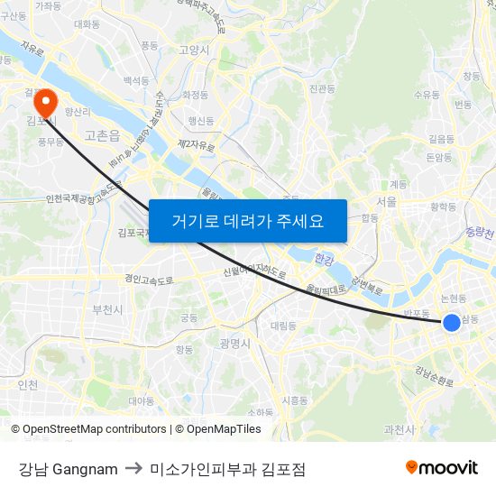 강남 Gangnam to 미소가인피부과 김포점 map