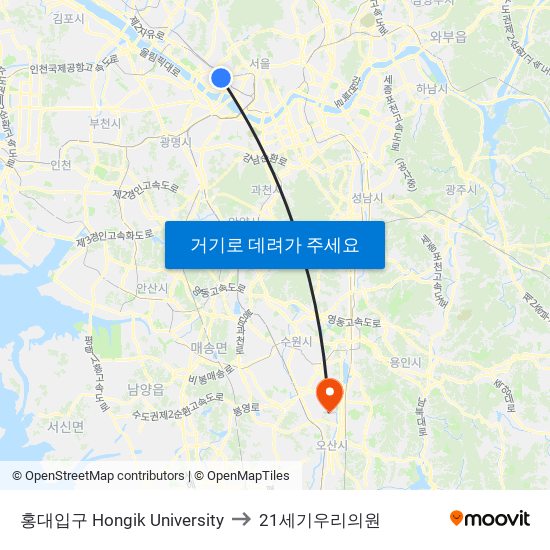 홍대입구 Hongik University to 21세기우리의원 map