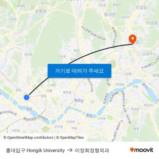 홍대입구 Hongik University to 이정희정형외과 map