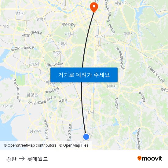 송탄 to 롯데월드 map