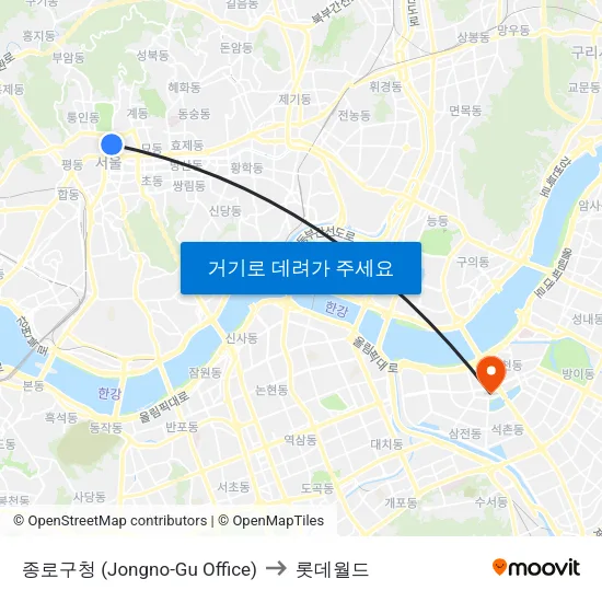 종로구청 (Jongno-Gu Office) to 롯데월드 map