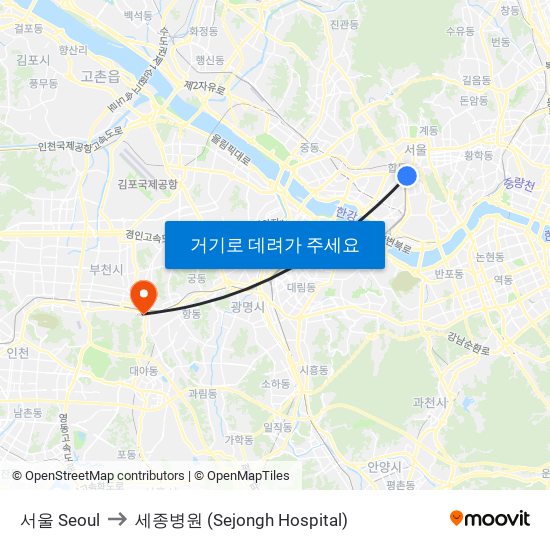 서울 Seoul to 세종병원 (Sejongh Hospital) map