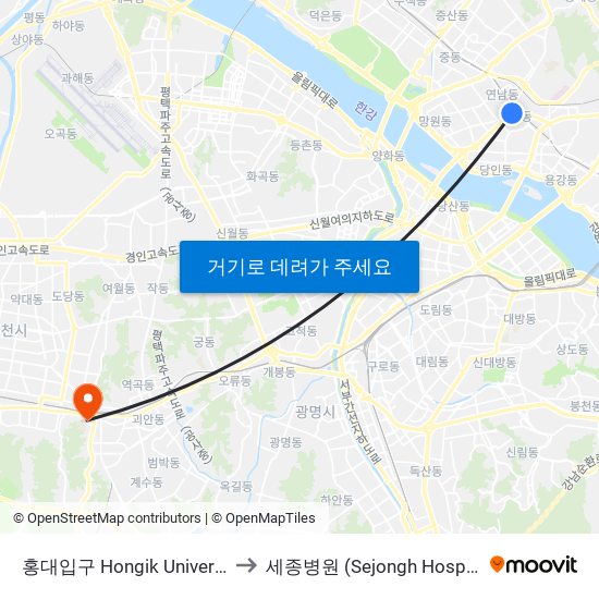 홍대입구 Hongik University to 세종병원 (Sejongh Hospital) map