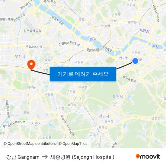 강남 Gangnam to 세종병원 (Sejongh Hospital) map