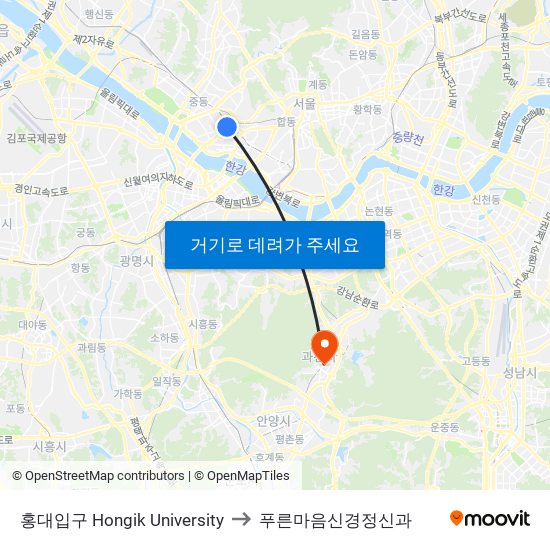 홍대입구 Hongik University to 푸른마음신경정신과 map