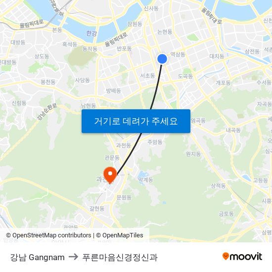 강남 Gangnam to 푸른마음신경정신과 map