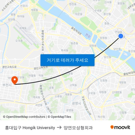 홍대입구 Hongik University to 양연모성형외과 map