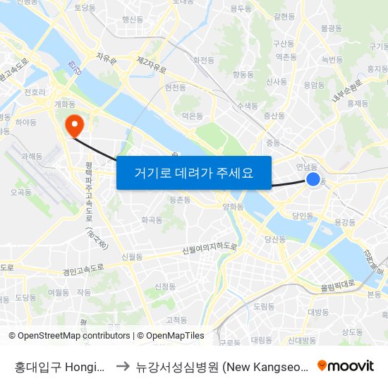 홍대입구 Hongik University to 뉴강서성심병원 (New Kangseosungsim Hospital) map