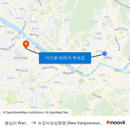 왕십리 Wangsimni to 뉴강서성심병원 (New Kangseosungsim Hospital) map