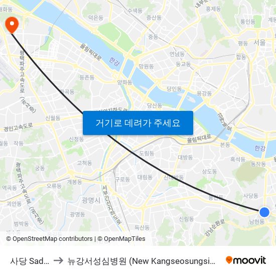 사당 Sadang to 뉴강서성심병원 (New Kangseosungsim Hospital) map