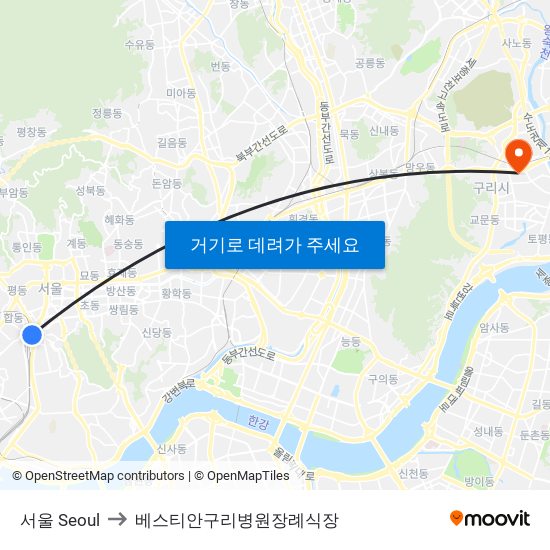 서울 Seoul to 베스티안구리병원장례식장 map