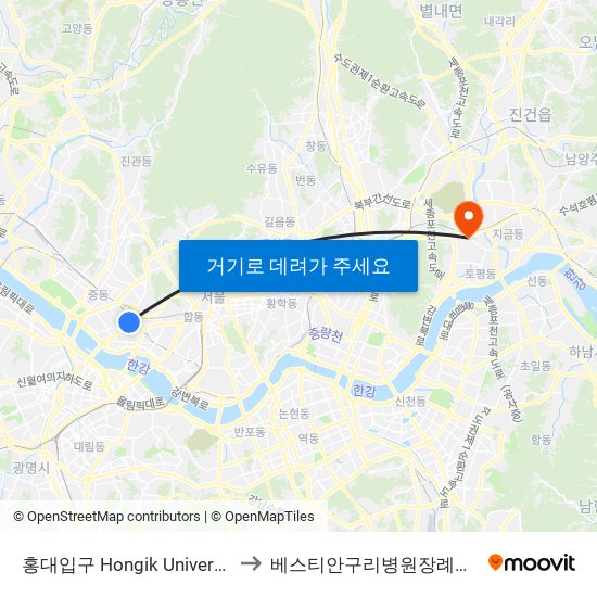 홍대입구 Hongik University to 베스티안구리병원장례식장 map