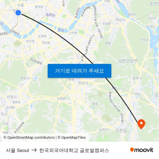 서울 Seoul to 한국외국어대학교 글로벌캠퍼스 map