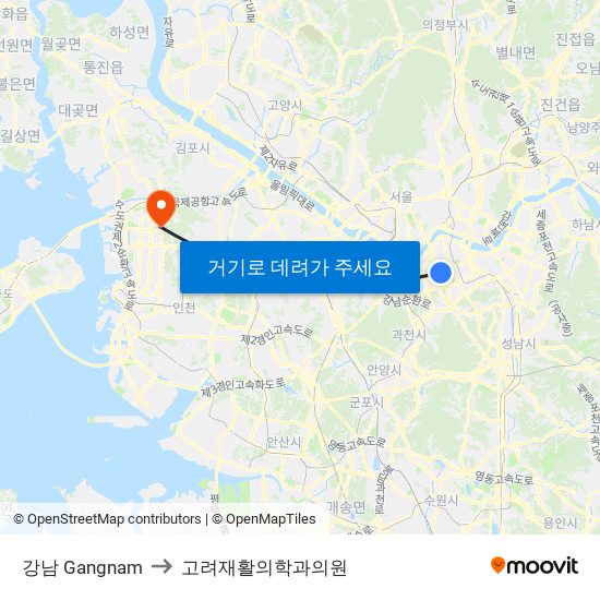 강남 Gangnam to 고려재활의학과의원 map