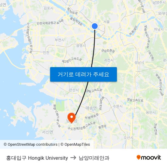 홍대입구 Hongik University to 남양미래안과 map