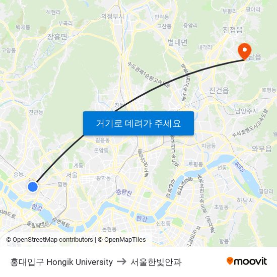 홍대입구 Hongik University to 서울한빛안과 map