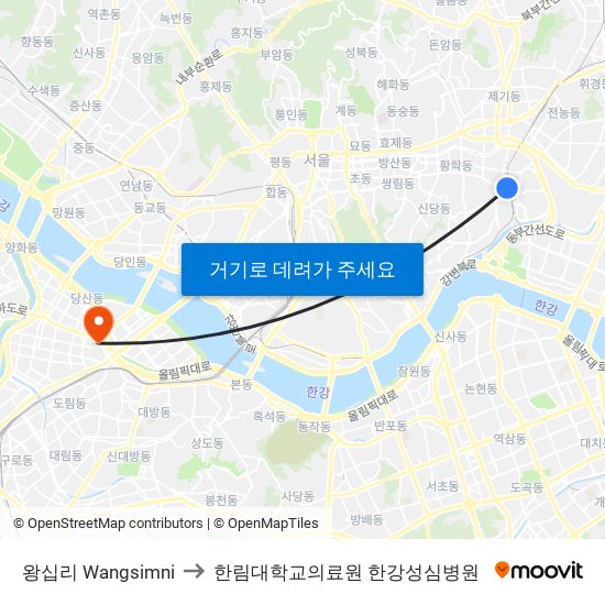 왕십리 Wangsimni to 한림대학교의료원 한강성심병원 map