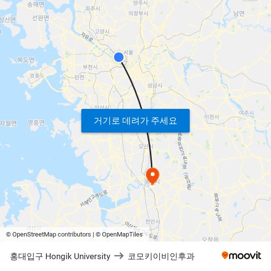 홍대입구 Hongik University to 코모키이비인후과 map
