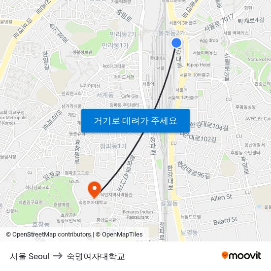 서울 Seoul to 숙명여자대학교 map