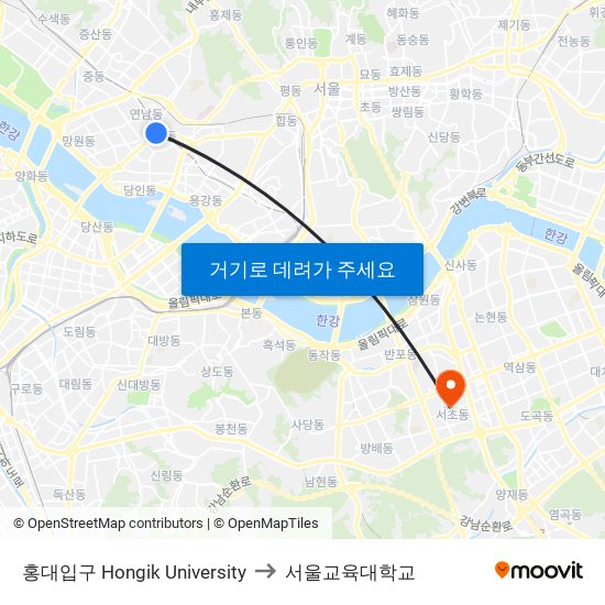 홍대입구 Hongik University to 서울교육대학교 map