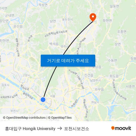 홍대입구 Hongik University to 포천시보건소 map