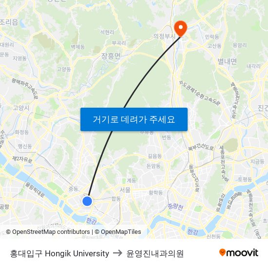 홍대입구 Hongik University to 윤영진내과의원 map