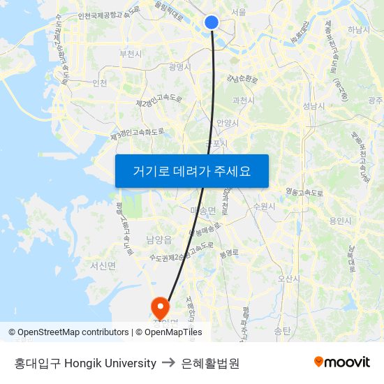 홍대입구 Hongik University to 은혜활법원 map