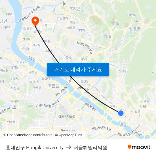 홍대입구 Hongik University to 서울훼밀리의원 map