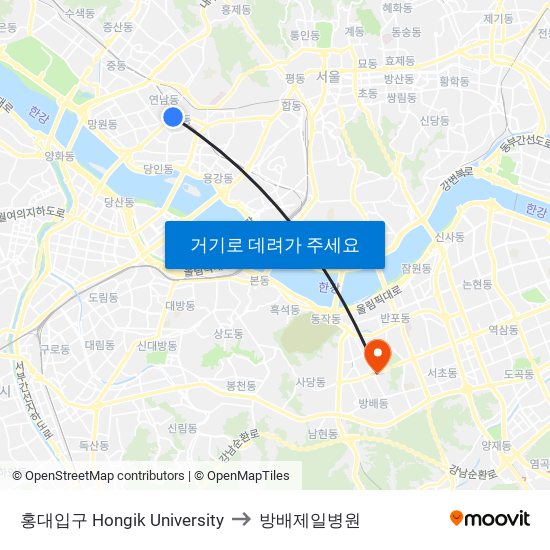 홍대입구 Hongik University to 방배제일병원 map