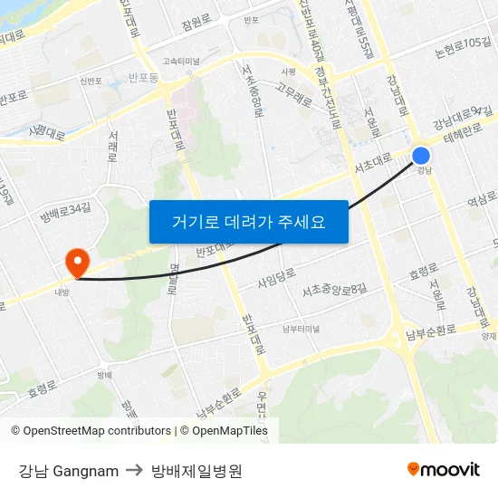 강남 Gangnam to 방배제일병원 map