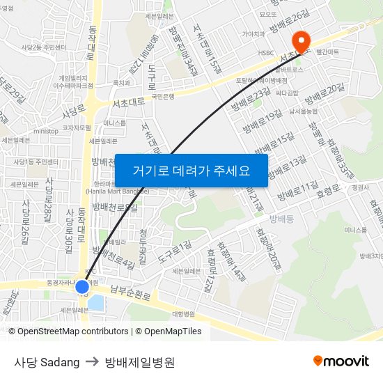 사당 Sadang to 방배제일병원 map