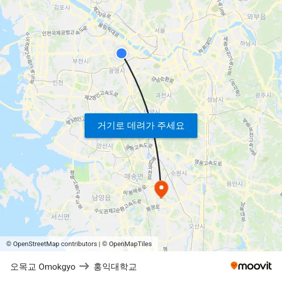 오목교 Omokgyo to 홍익대학교 map