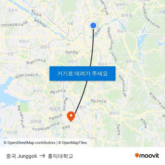 중곡 Junggok to 홍익대학교 map
