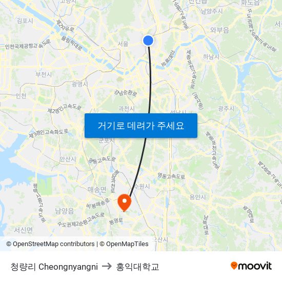 청량리 Cheongnyangni to 홍익대학교 map