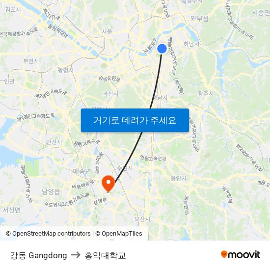 강동 Gangdong to 홍익대학교 map