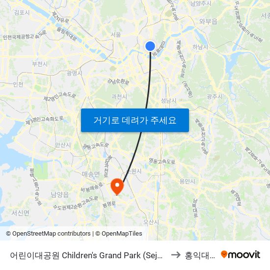 어린이대공원 Children's Grand Park (Sejong University) to 홍익대학교 map