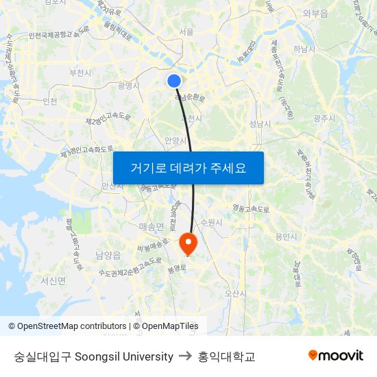 숭실대입구 Soongsil University to 홍익대학교 map