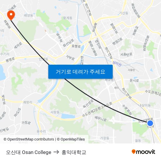 오산대 Osan College to 홍익대학교 map