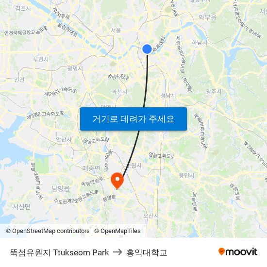 뚝섬유원지 Ttukseom Park to 홍익대학교 map
